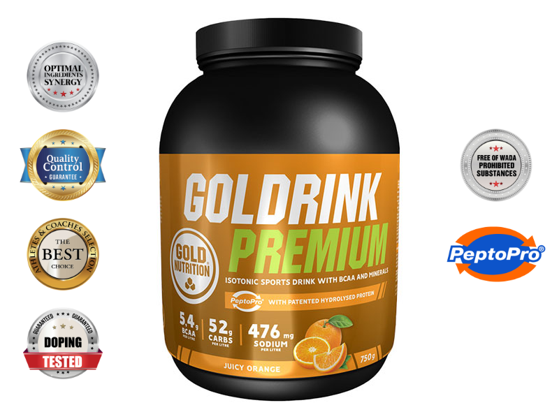 GOLD DRINK PREMIUM pomeranč 750 g - izotonický nápoj s BCAA, minerály | Potréninkové doplňky, regenerace